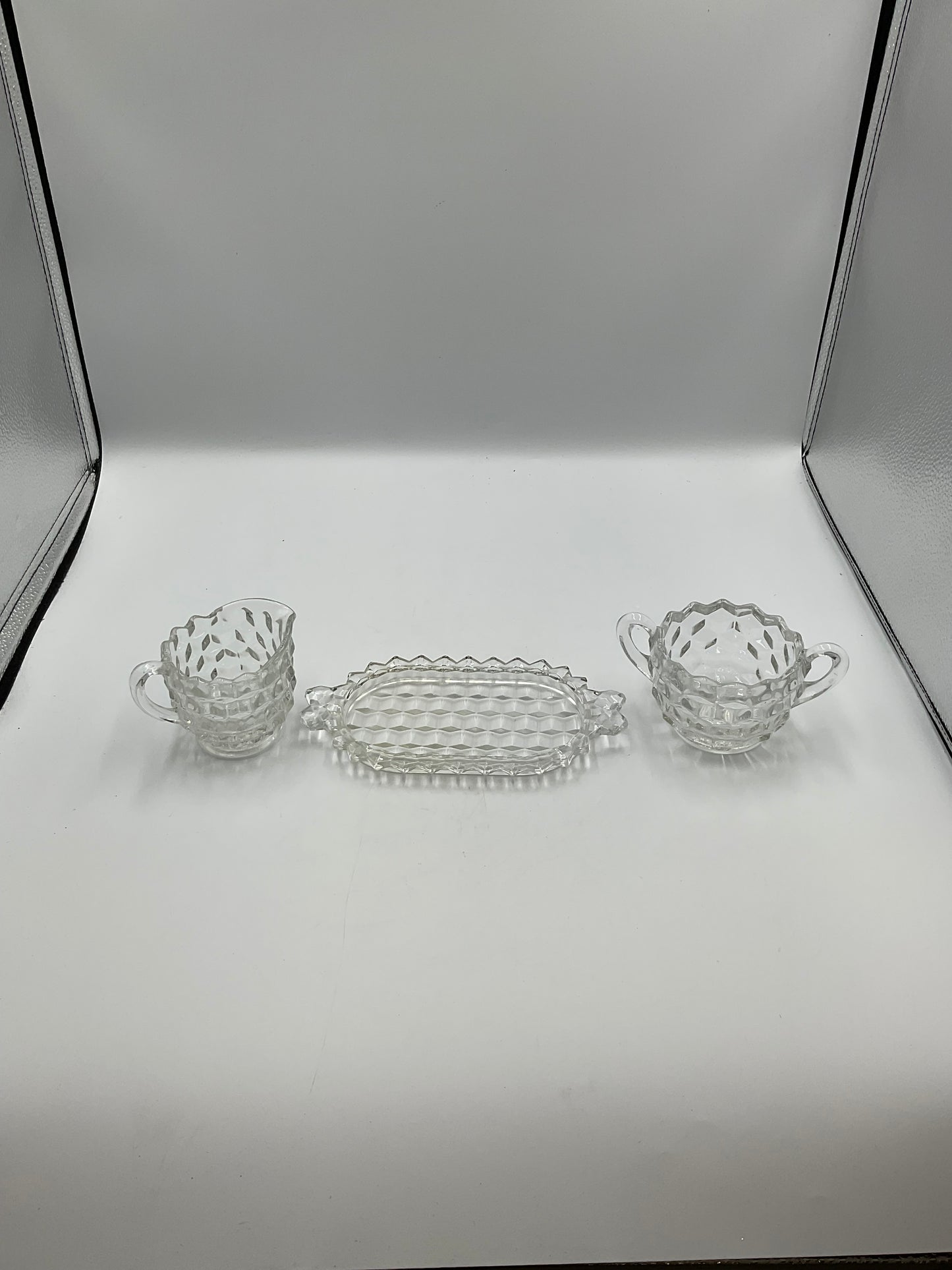 Vintage Fostoria American Clear Glass Creamer,Open Sugar Bowl and Matching Under Tray