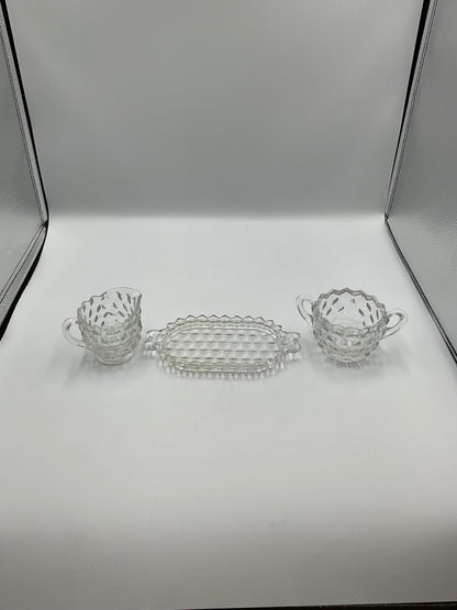 Vintage Fostoria American Clear Glass Creamer,Open Sugar Bowl and Matching Under Tray