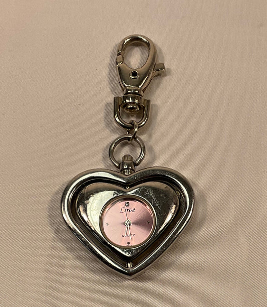 Love Heart Shaped Quartz Clip-On Watch Keychain Working New Battery