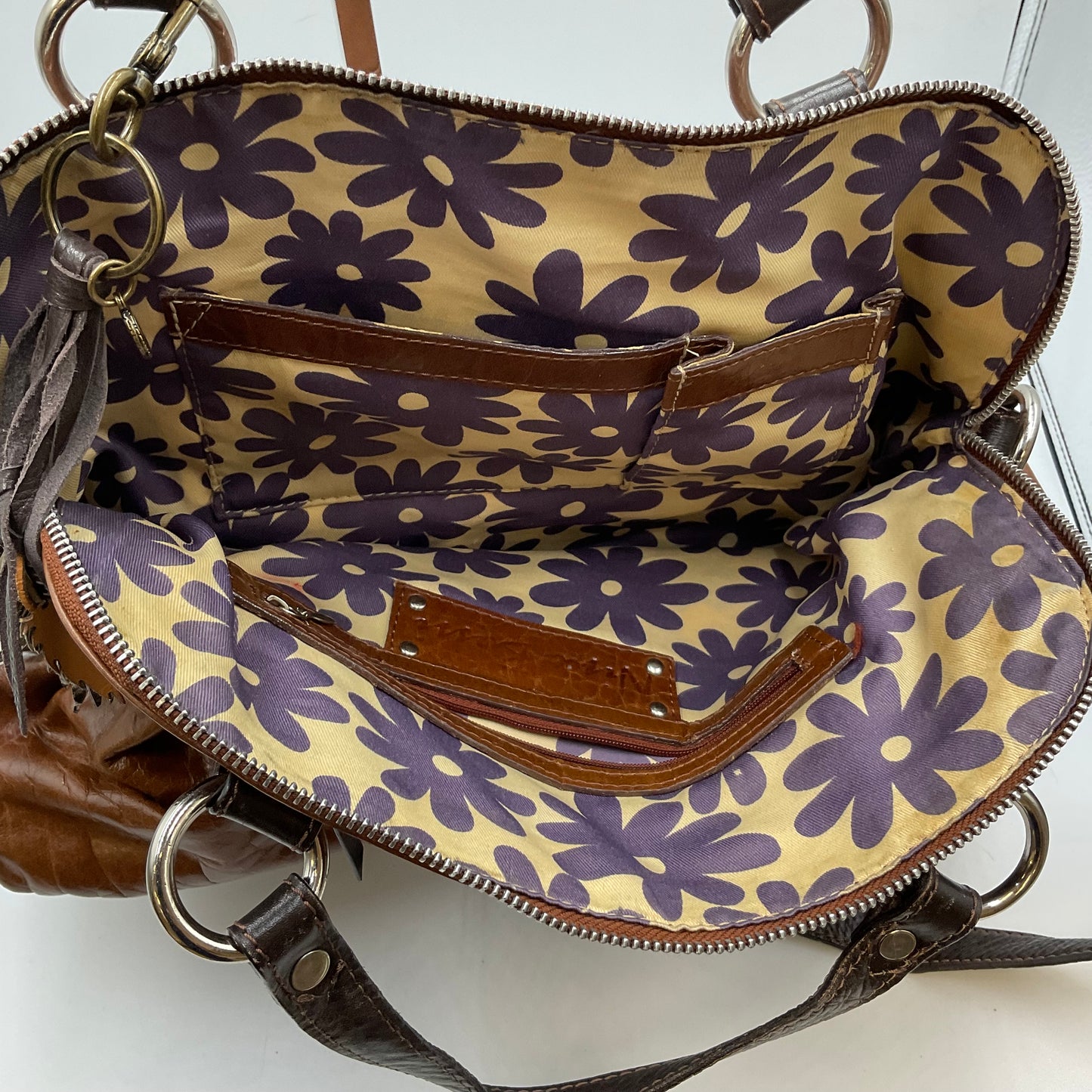 Nina Bossi Brown Leather Purse with purple flower pattern inside