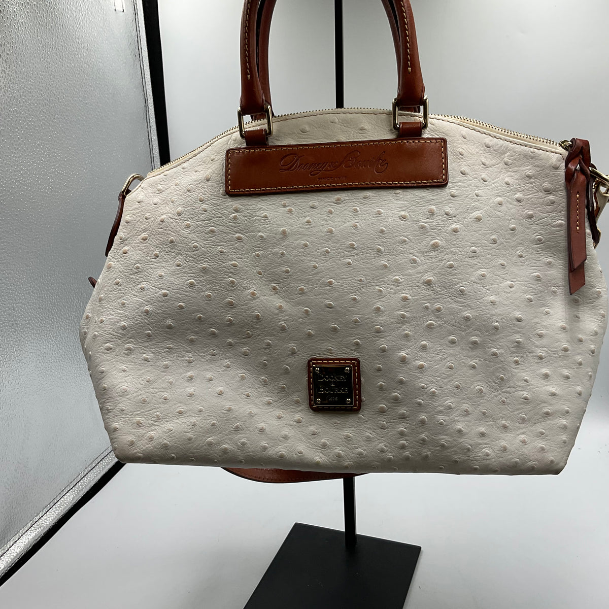 Dooney & Bourke Ostrich Collection Satchel Handbag In Color Bone And Brown