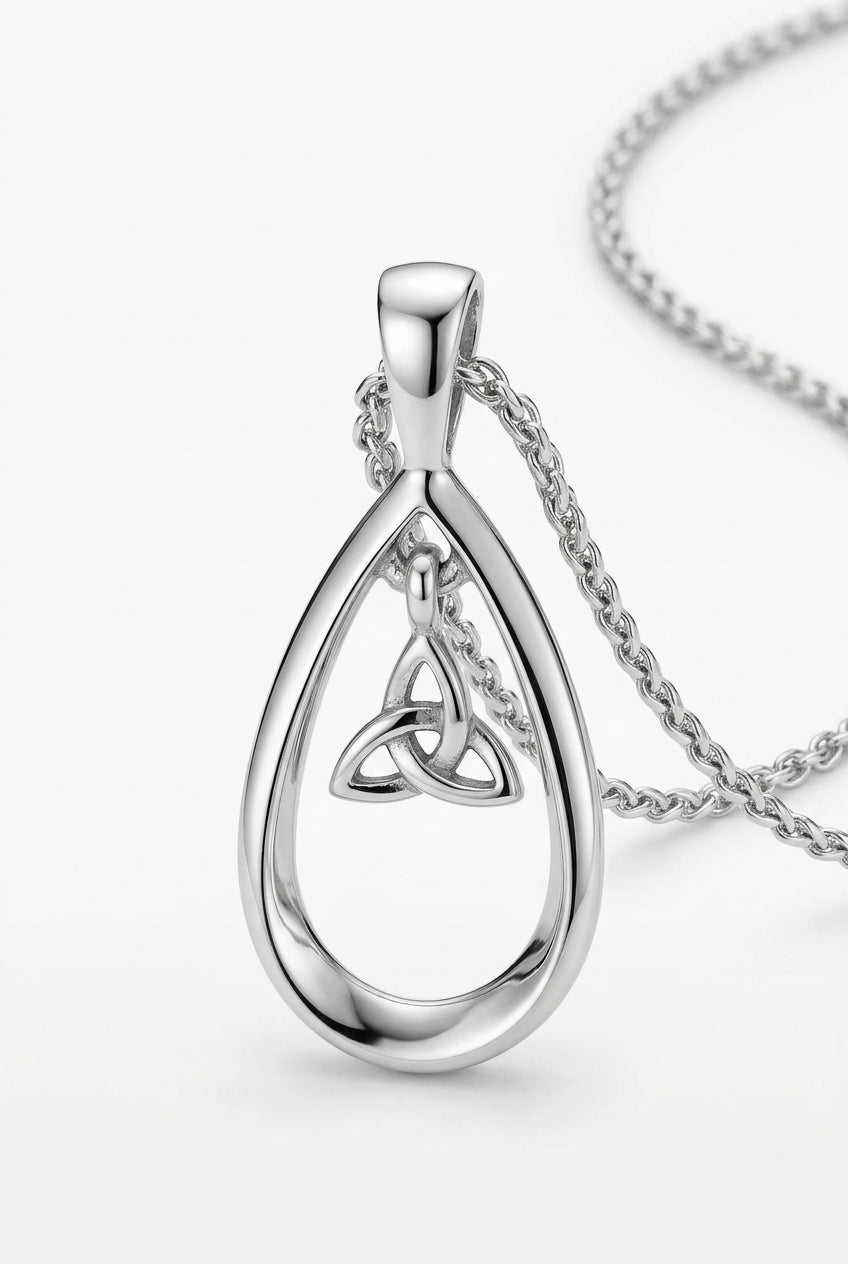 silver Celtic Triquetra open teardrop pendant necklace