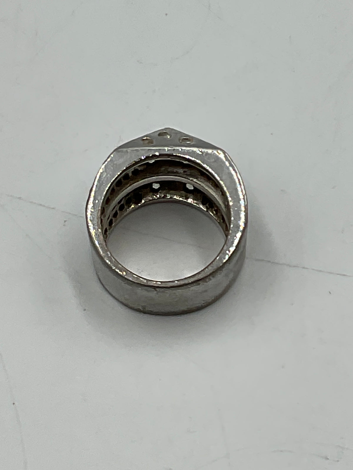 Silver Toned Wide Band Ring Geometric Criicross Clear Rhinestone Accents