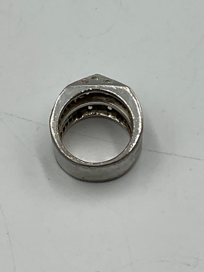 Silver Toned Wide Band Ring Geometric Criicross Clear Rhinestone Accents