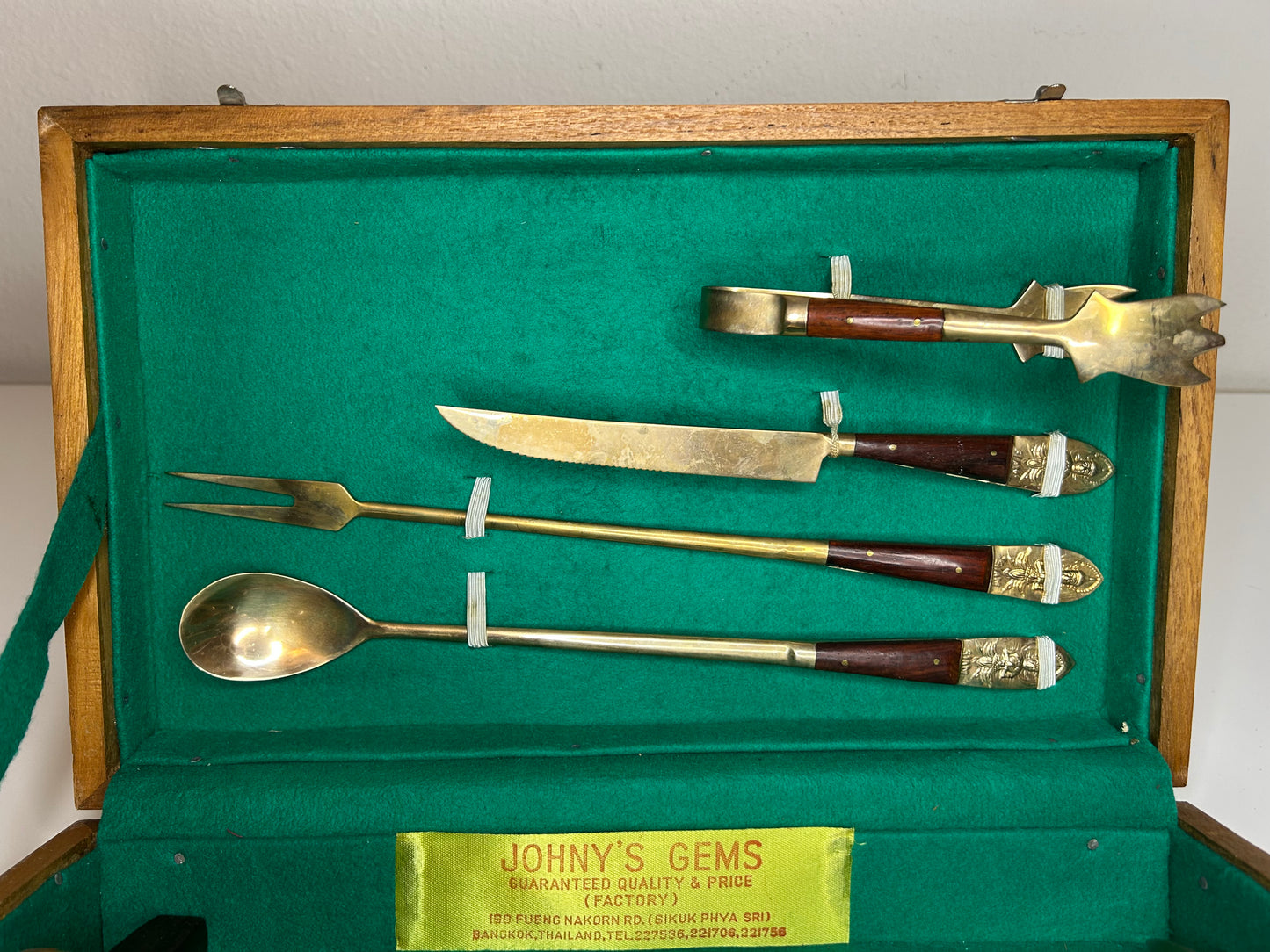 Johny's Gems Vintage Thailand SIAM Brass Wood Barware Set