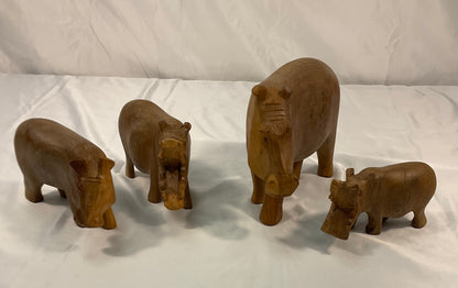 Genuine Besmo Wood Carvings Set of Four Hand-Carved Wooden Hippos Made in Kenya