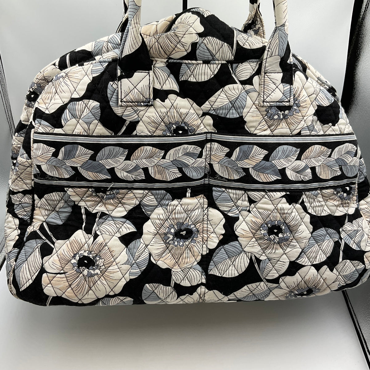 Vera Bradley Large Duffel Bag Black With White/Tan Flowers