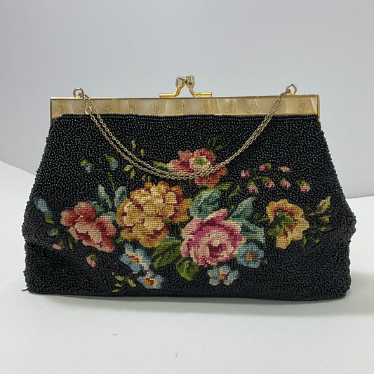 Floral Evening Bag Vintage 1930s-1950s Hand Beaded Petit-Point Stitched Kiss Lock Clasp Clutch