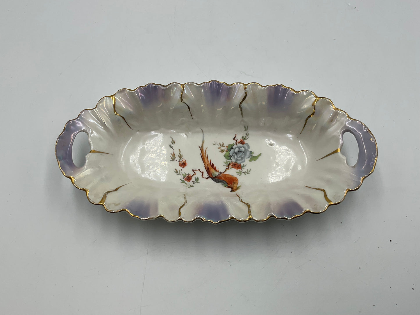 German Vintage Lusterware Bird Scene Designed Celery Dish