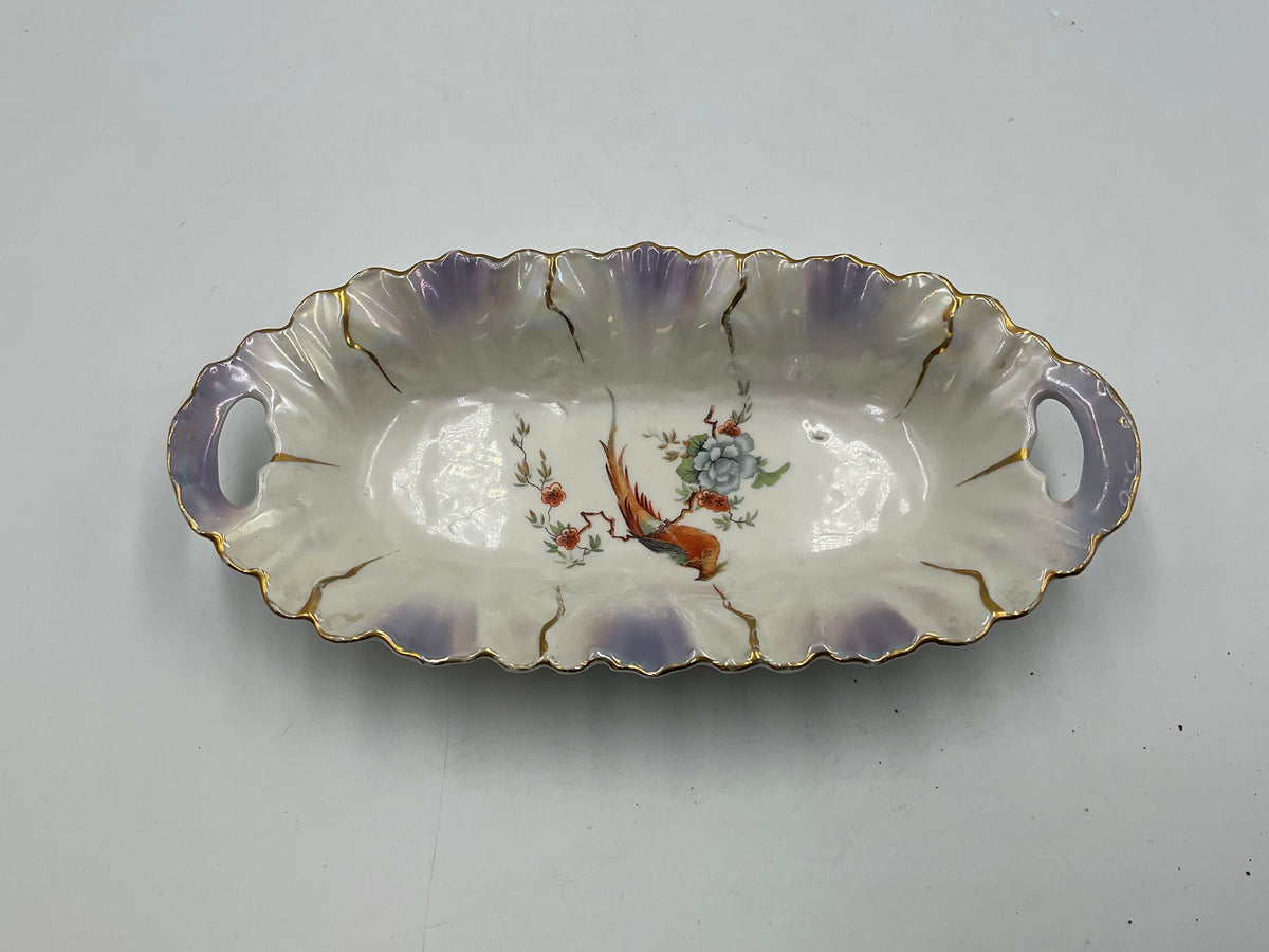 German Vintage Lusterware Bird Scene Designed Celery Dish