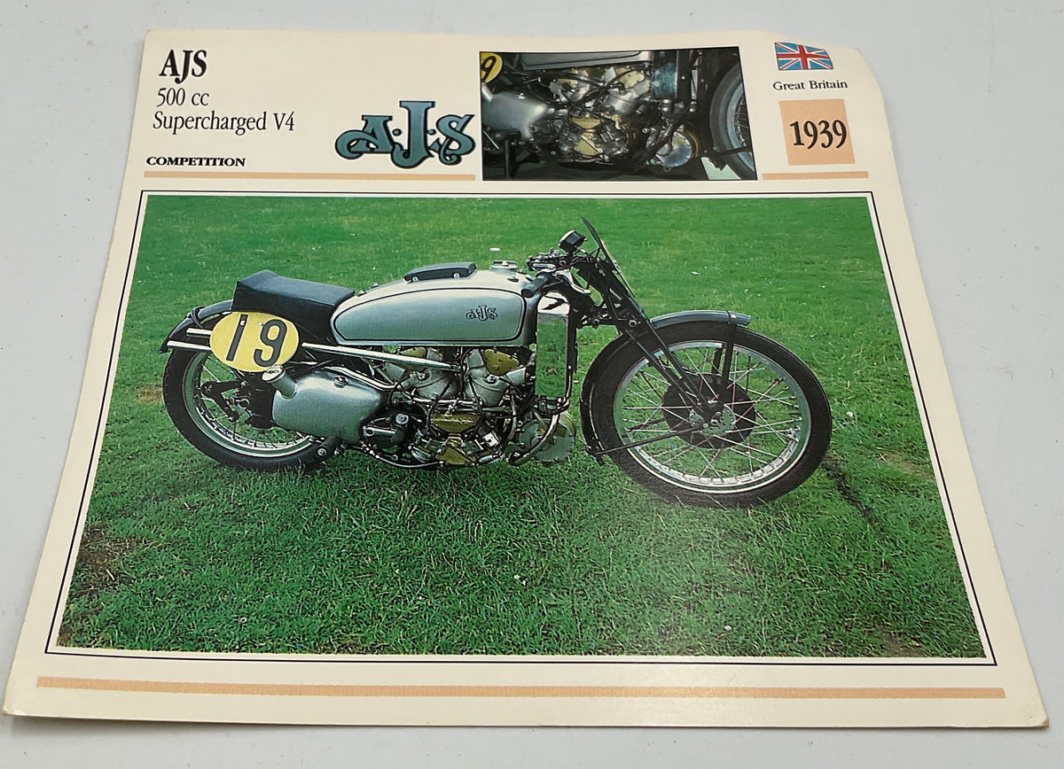 Vintage AJS 500cc Supercharged V4 Competition Motorcycle Info Card Spec Sheet