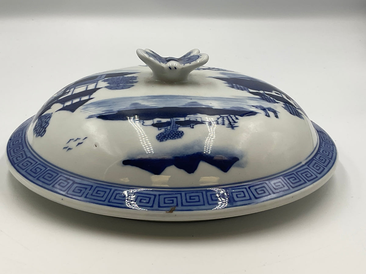 Blue and White Porcelain Lidded Soup Tureen Butterfly Handle Chinoiserie