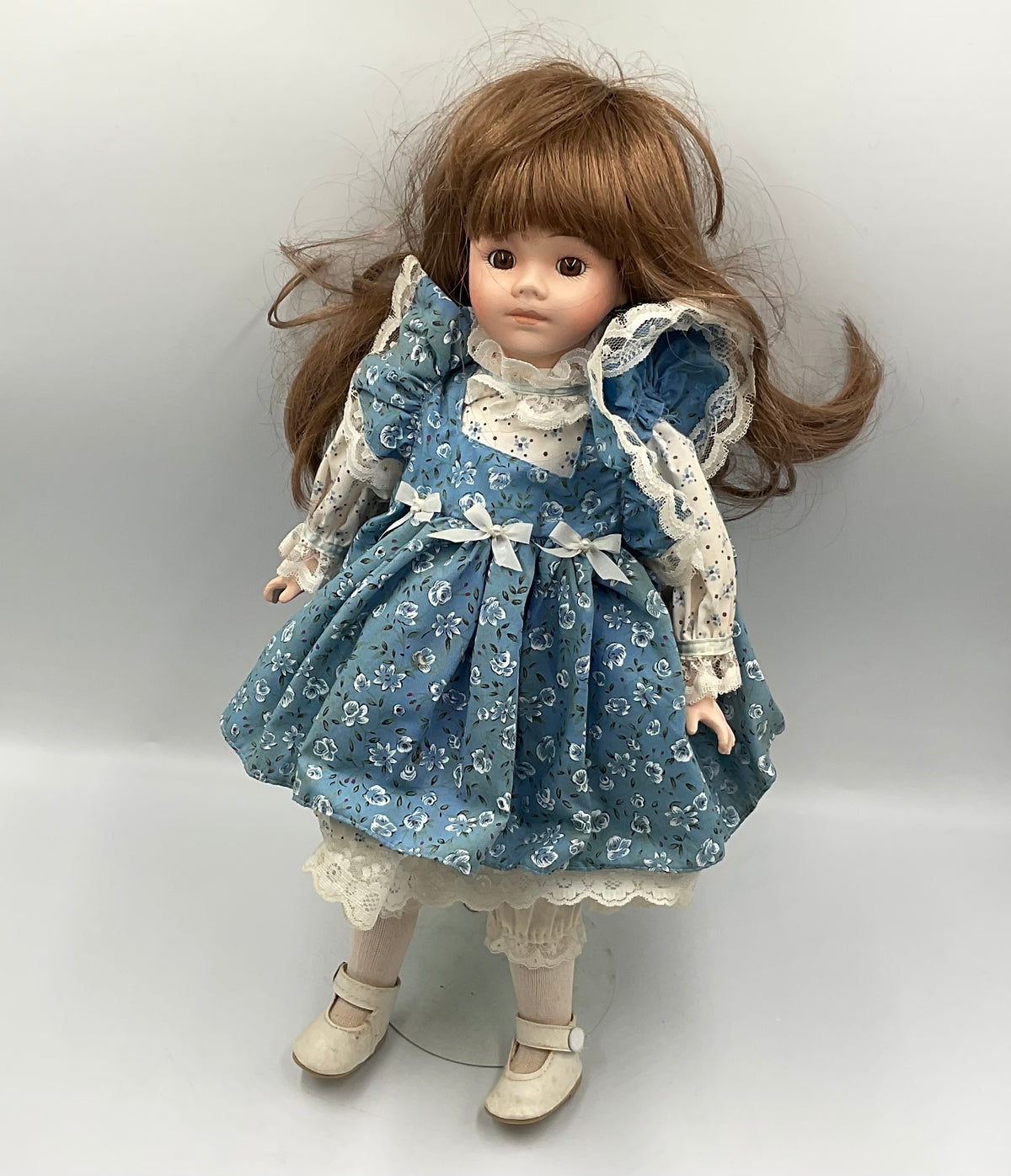 Vintage Porcelain Girl Doll Brown Hair Blue Foral Lace Dress Collectible