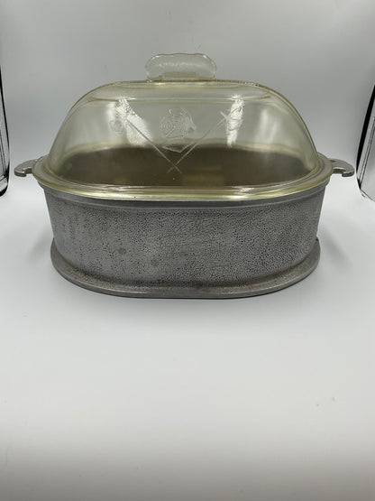 Vintage Guardian Service Hammered Oval Roaster Pan Glass Dome Lid