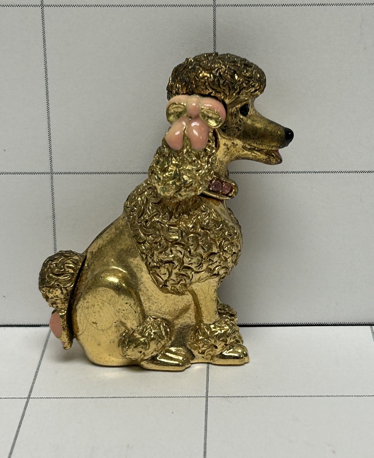 Estee Lauder Vintage 1990s Dazzling Solid Gold-Tone Petite French Poodle Dog Perfume Compact Empty