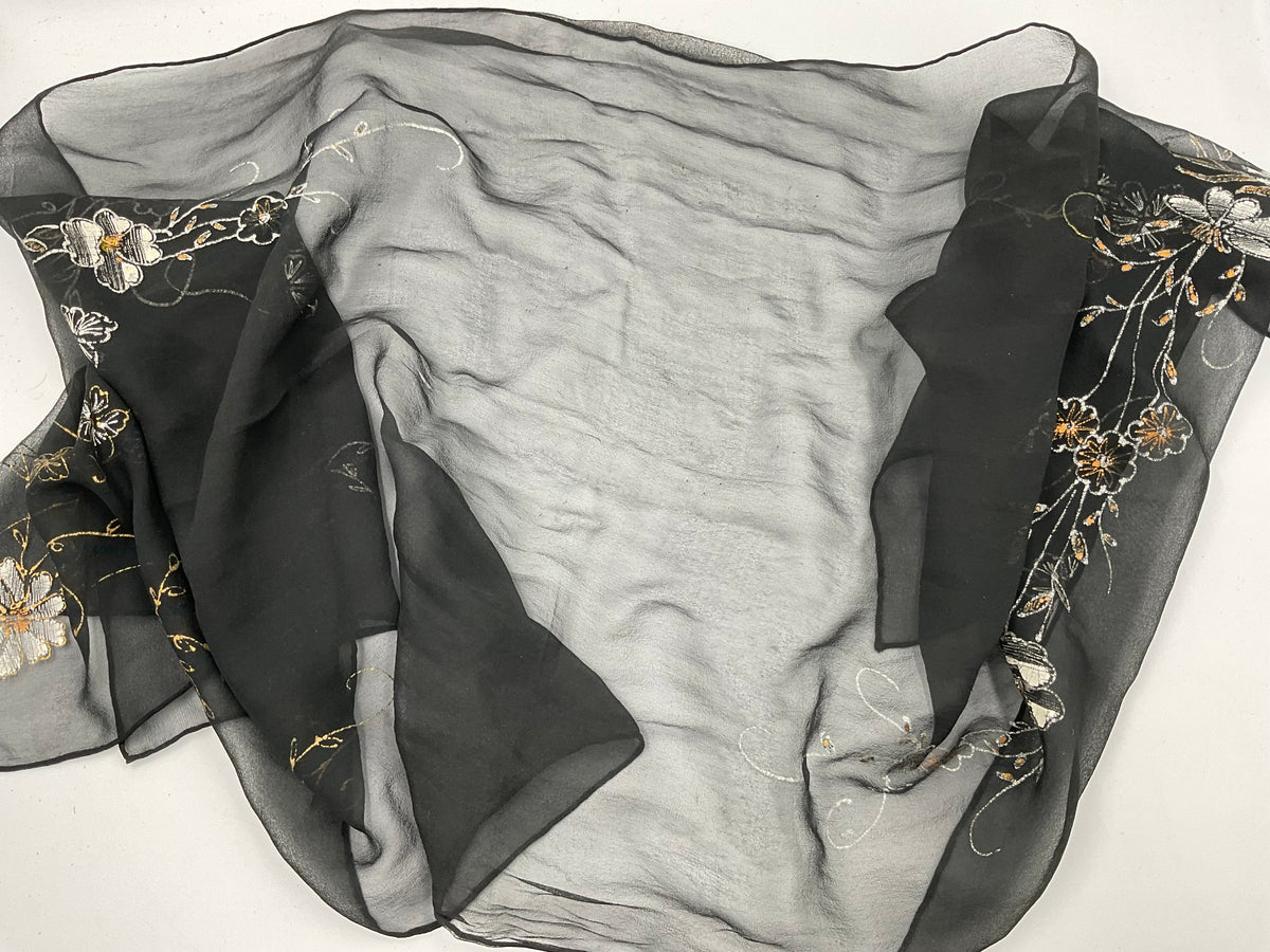 Vintage Black Sheer Floral Embroidered Scarf Wrap Shawl Woman's Accessory