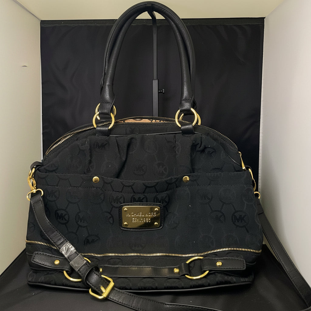 Michael Kors Jet Set Black Monogram Satchel Goldtone Hardware