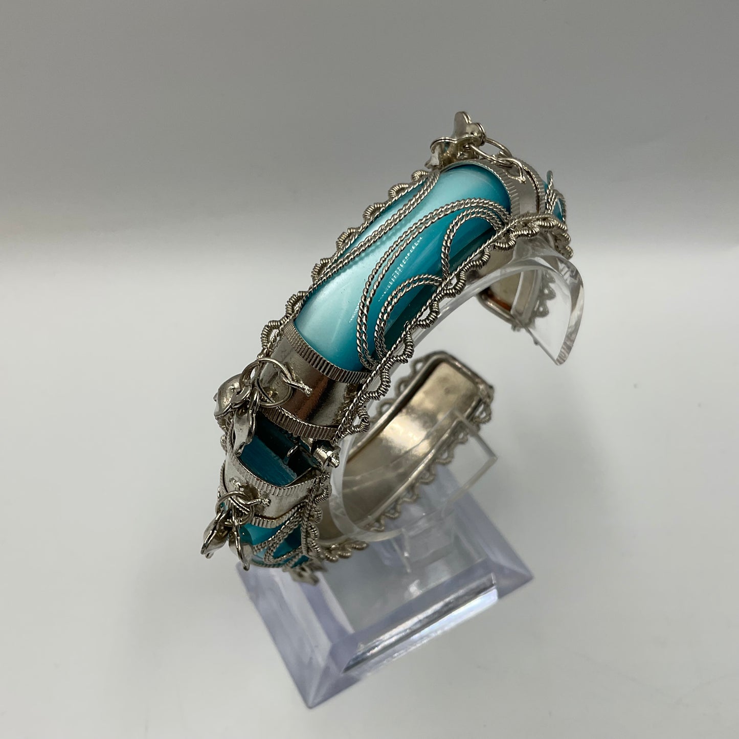 Hinged Bangle Teal Filigree Work with Small Dangled Charms