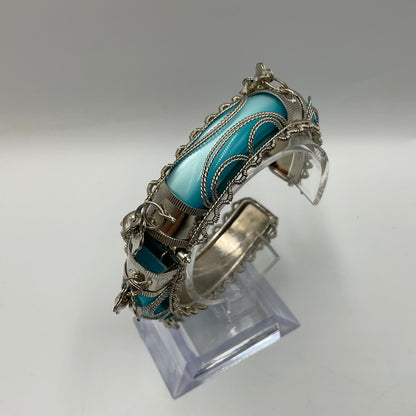 Hinged Bangle Teal Filigree Work with Small Dangled Charms