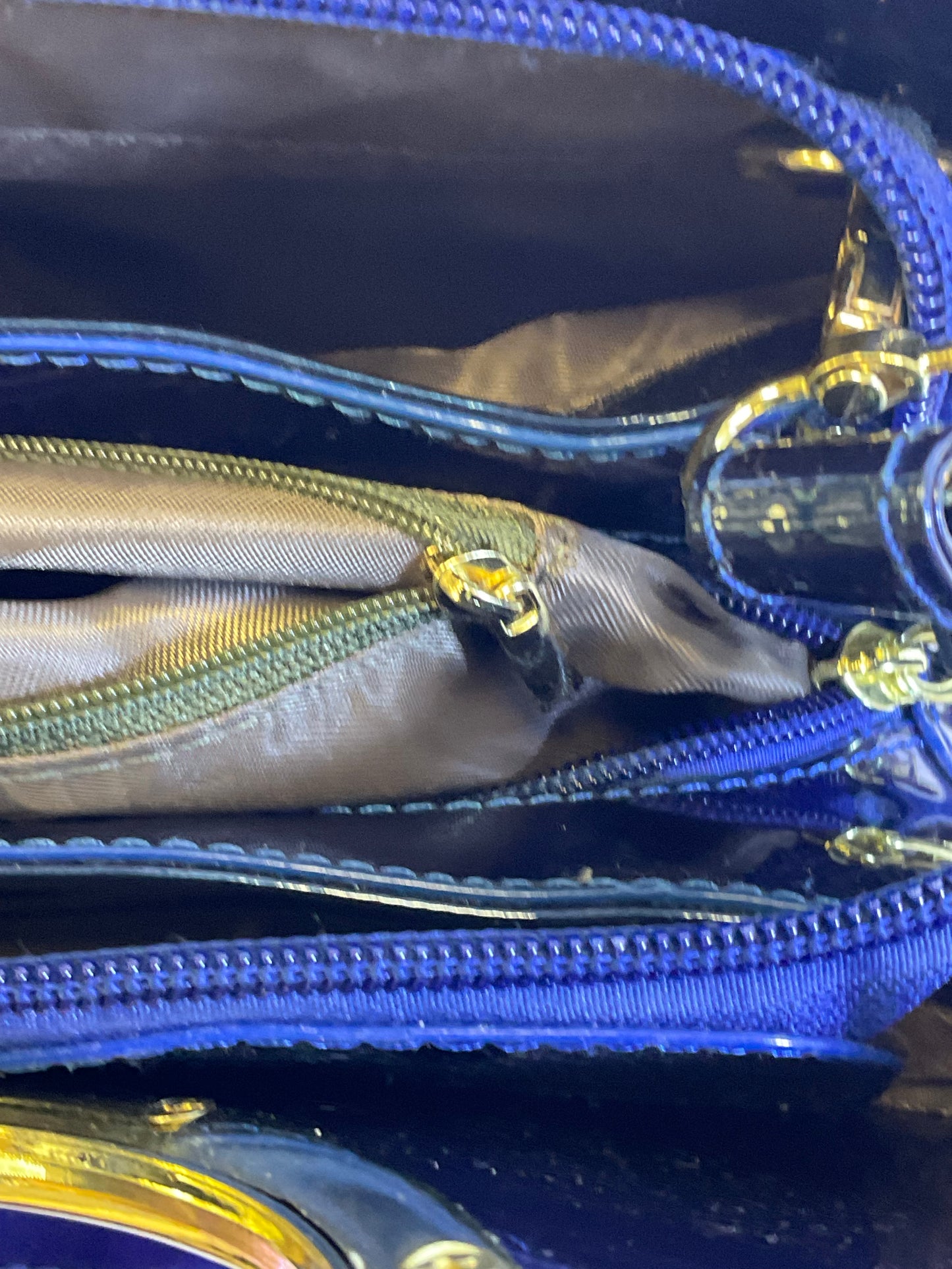 Royal Blue Patent Leather Style Goldtone Accent Zipper Tote Handbag