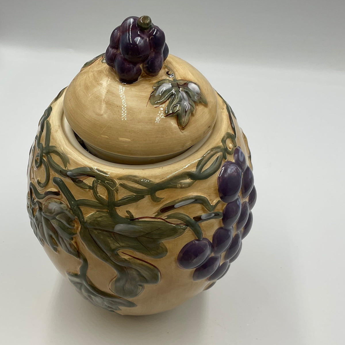 Meritage Ceramic Grape Vine Covered Canister Jar Raised Fruit Design