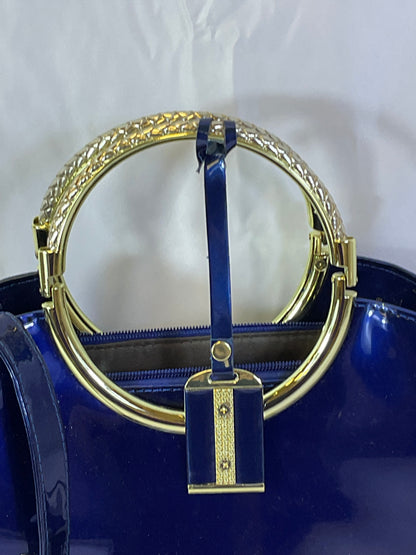 Royal Blue Patent Leather Style Goldtone Accent Zipper Tote Handbag
