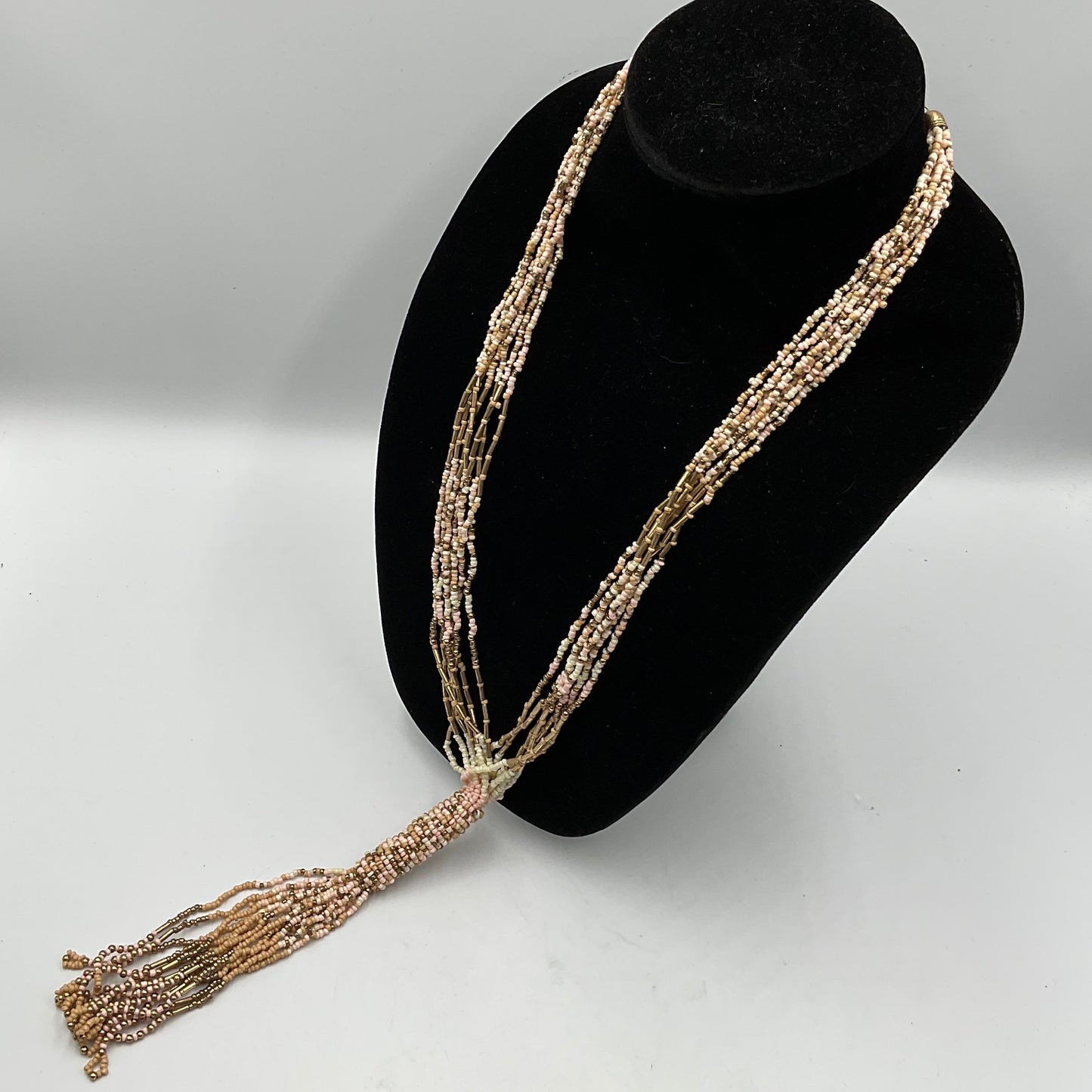 Long Dangling Tassel Necklace Tan Small Beaded Design Fashion Jewelry