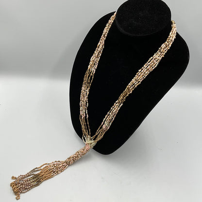Long Dangling Tassel Necklace Tan Small Beaded Design Fashion Jewelry