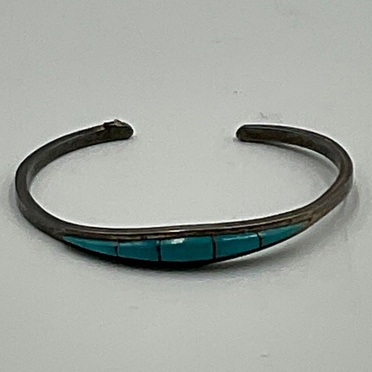 Navajo Cuff Bracelet Sterling Turquoise Etched D.R.F JR 12g Tarnished