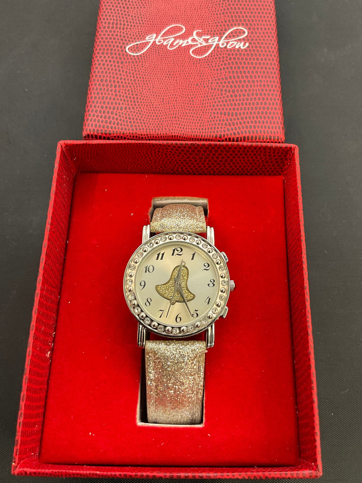 Glam &amp; Glow Holiday Bell Glitter Band Women's Wristwatch Working New Battery in Original Box