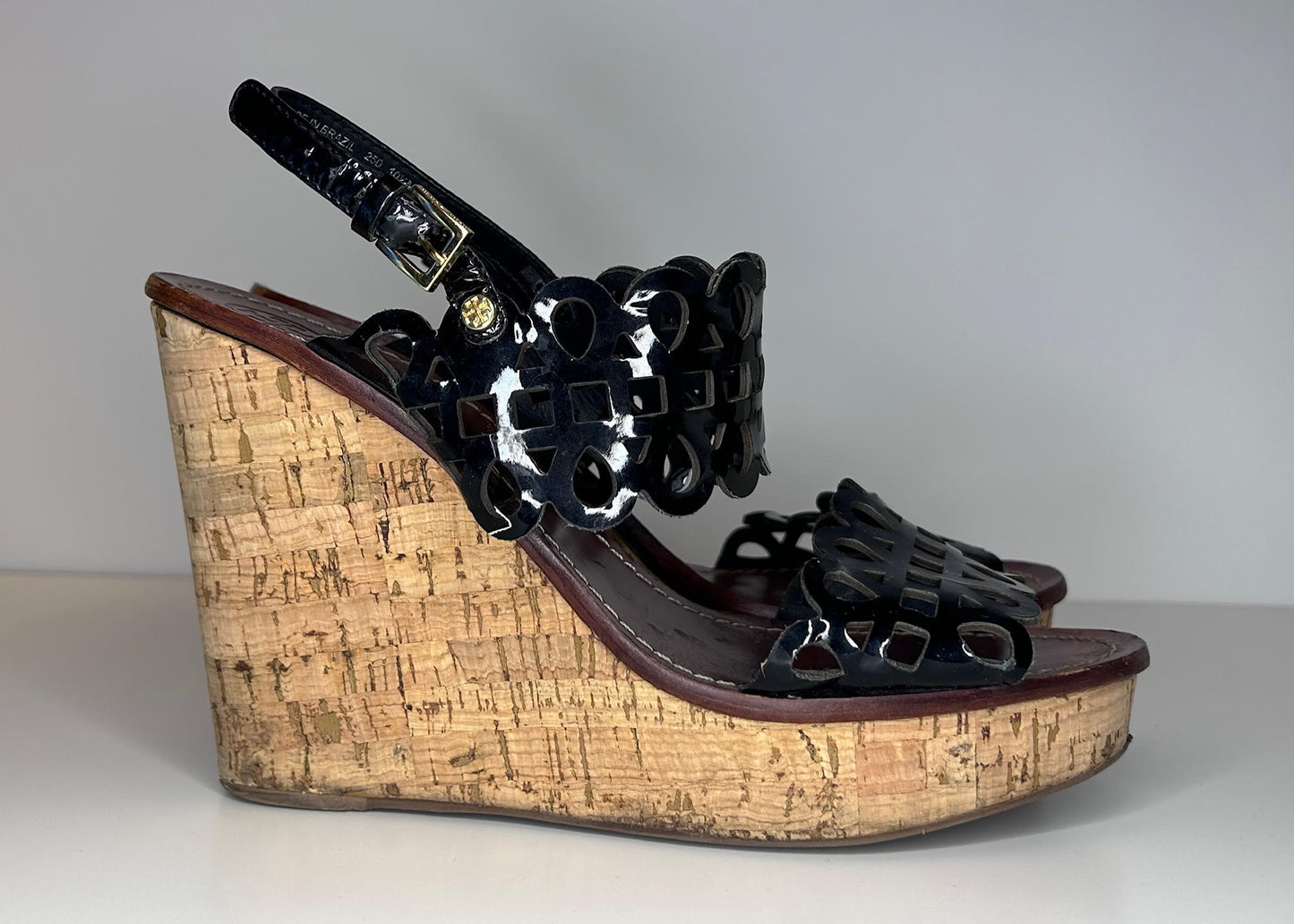 Tory Burch Black Leather Nori Perforated Wedge Sandals Women's Size 10.5 Not in Original Box