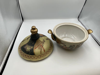 vintage Japanese Satsuma style earthenware covered tureen or casserole dish