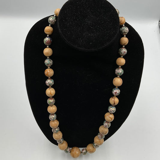 Ball Bead Tan Silvertone Red Vein Design Necklace Fashion Jewelry