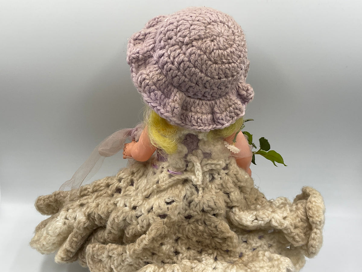 Vintage Doll Lavender Hand Crochet Victorian Dress Hat Handmade Outfit