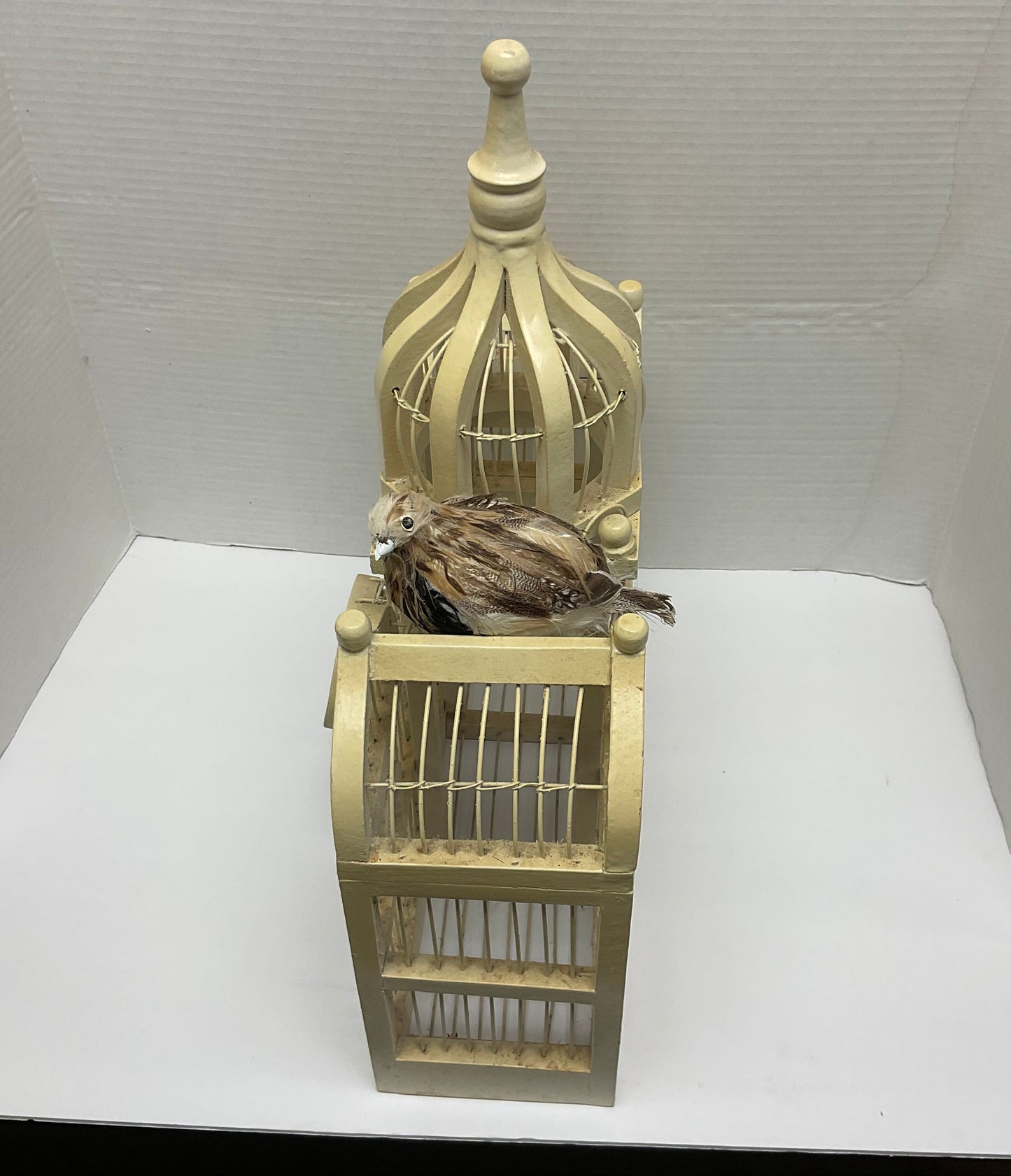 Taj Mahal Inspired Vintage White Wood and Wire Bird Cage and Decorative Bird