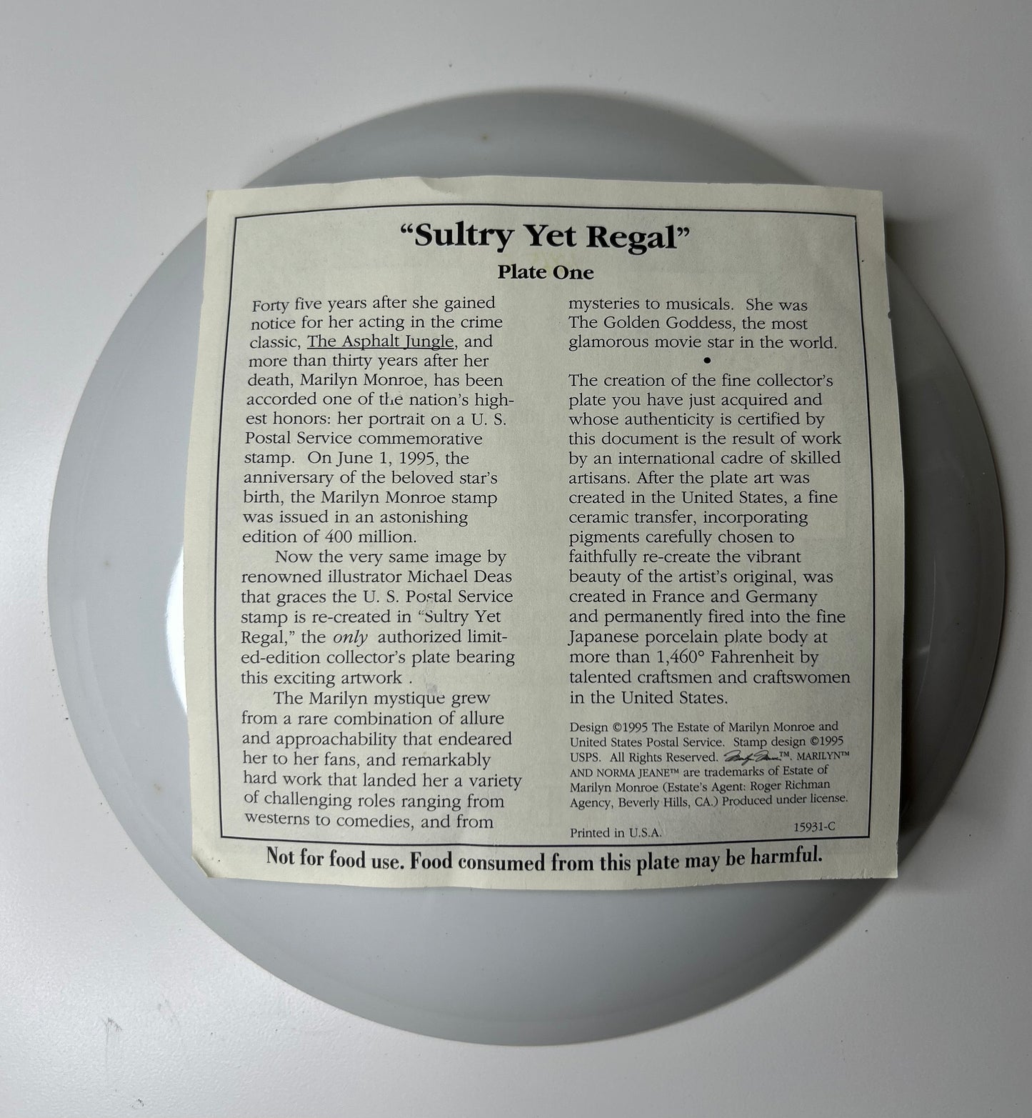 Marilyn Monroe "Sultry Yet Regal" Postage Stamp Collectible Plate #d with COA