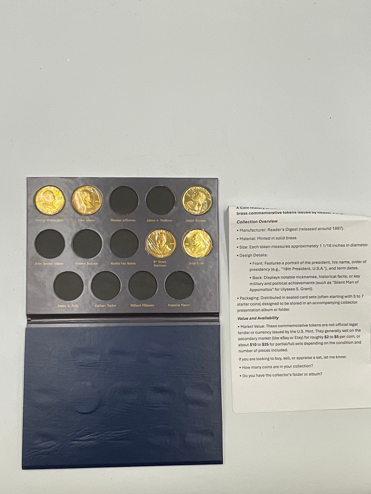 1997 Readers Digest Commemorative Brass Coin Collection US Presidents Incomplete