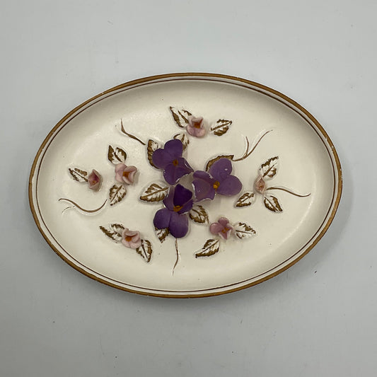 Vintage Lefton Japan Procelain Oval Wall Plaque Purple Roses and Leaves