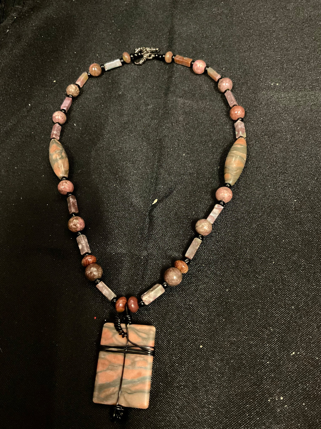 Beaded Necklace with Wired Rectangular Stone Pendant