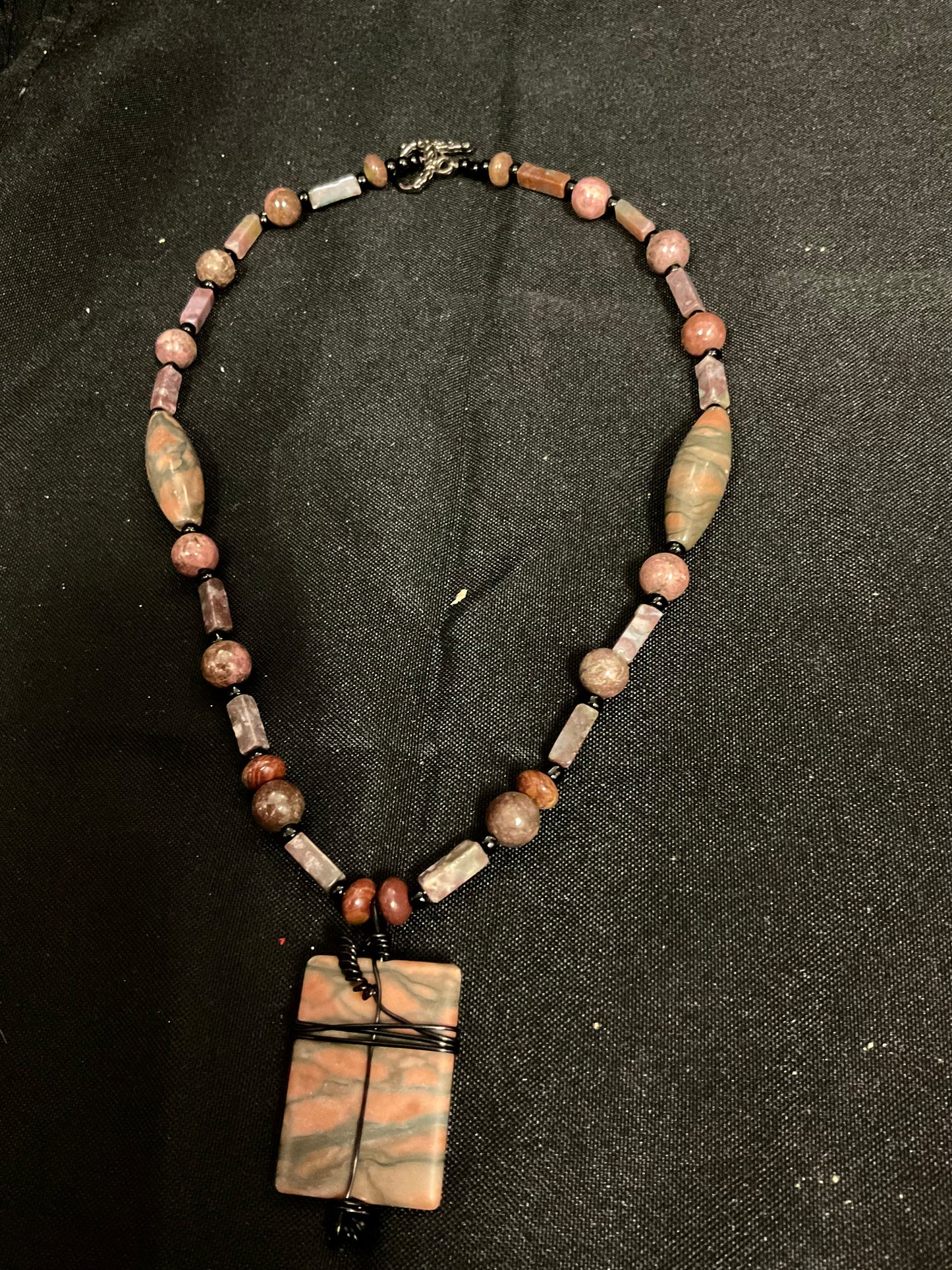 Beaded Necklace with Wired Rectangular Stone Pendant