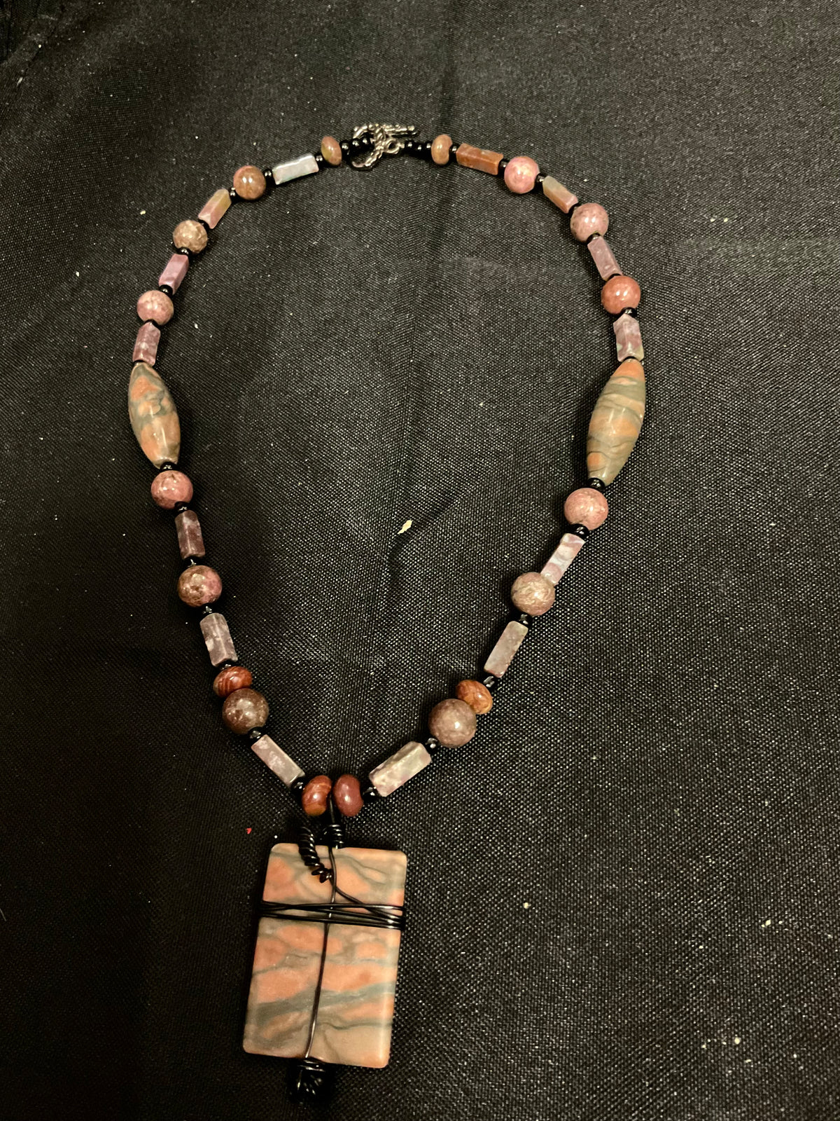 Beaded Necklace with Wired Rectangular Stone Pendant