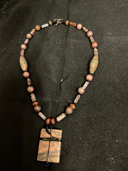 Beaded Necklace with Wired Rectangular Stone Pendant