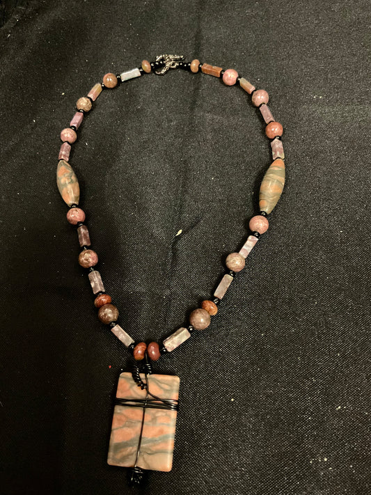 Beaded Necklace with Wired Rectangular Stone Pendant