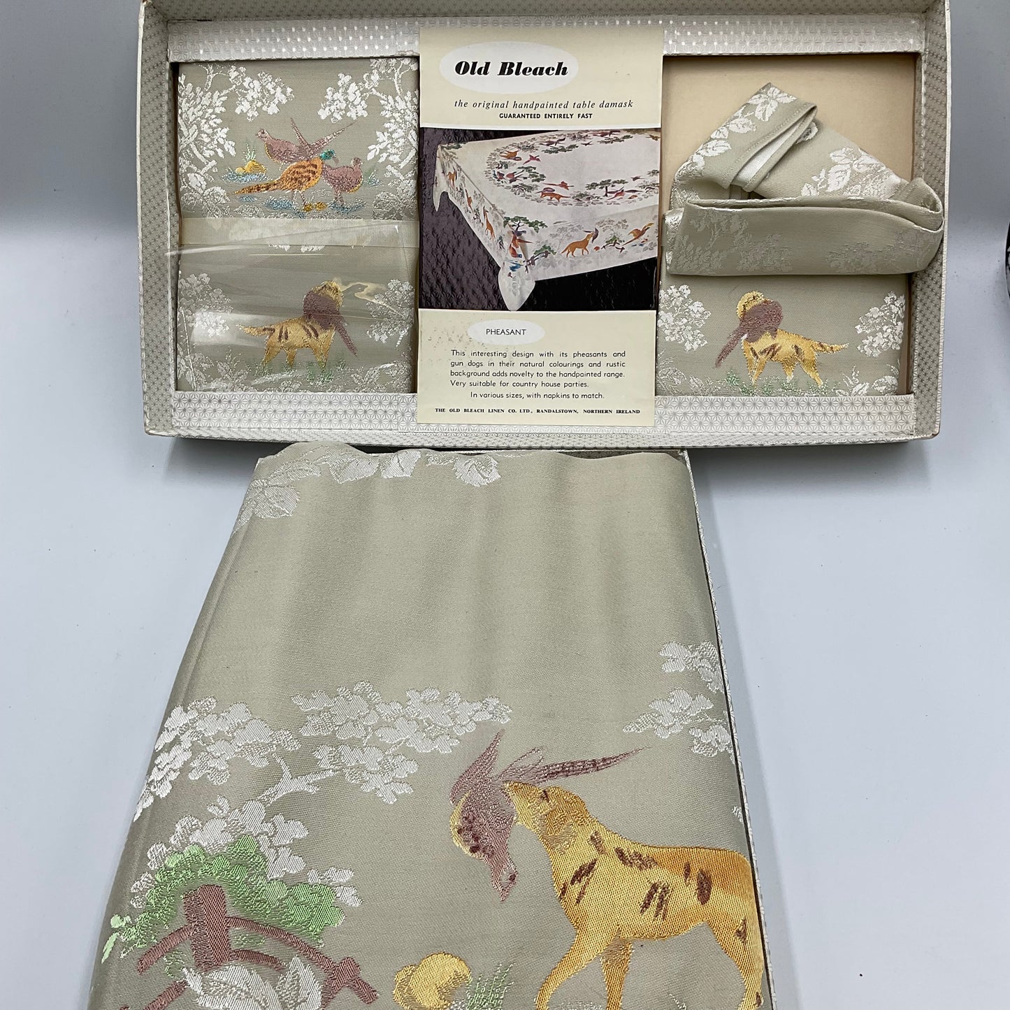 Vintage Old Bleach Tablecloth Pheasant Hunting with Matching Napkins