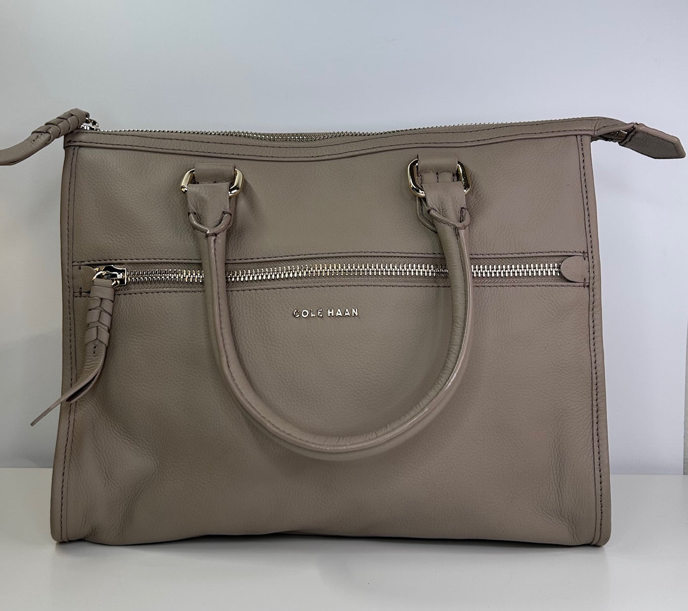 Cole Haan Taupe Light Grey Leather Tote Bag Handbag Good Condition