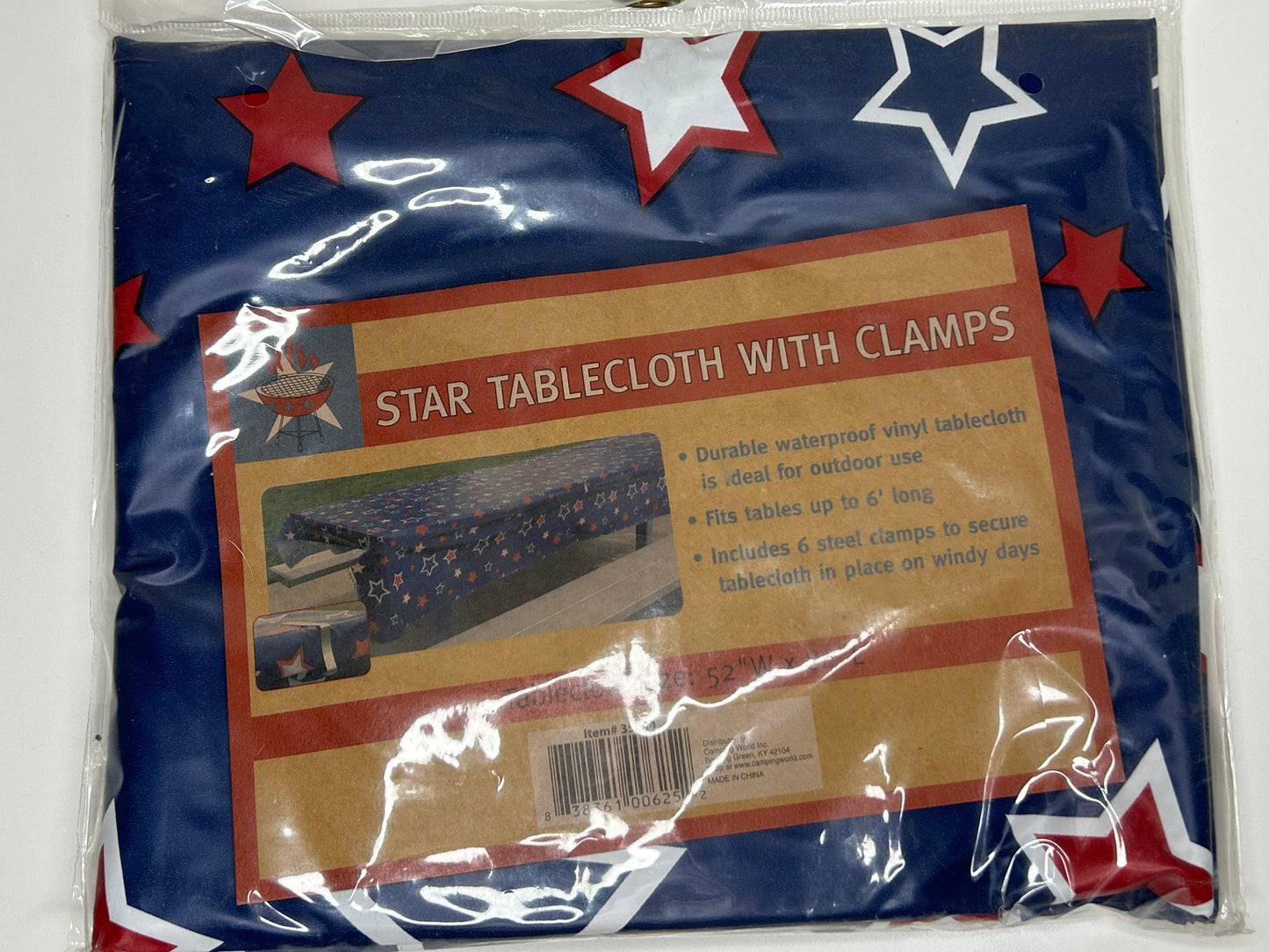 Red White Blue Patriotic 4th of July Star Tablecloth with Clamps Vinyl 6' New