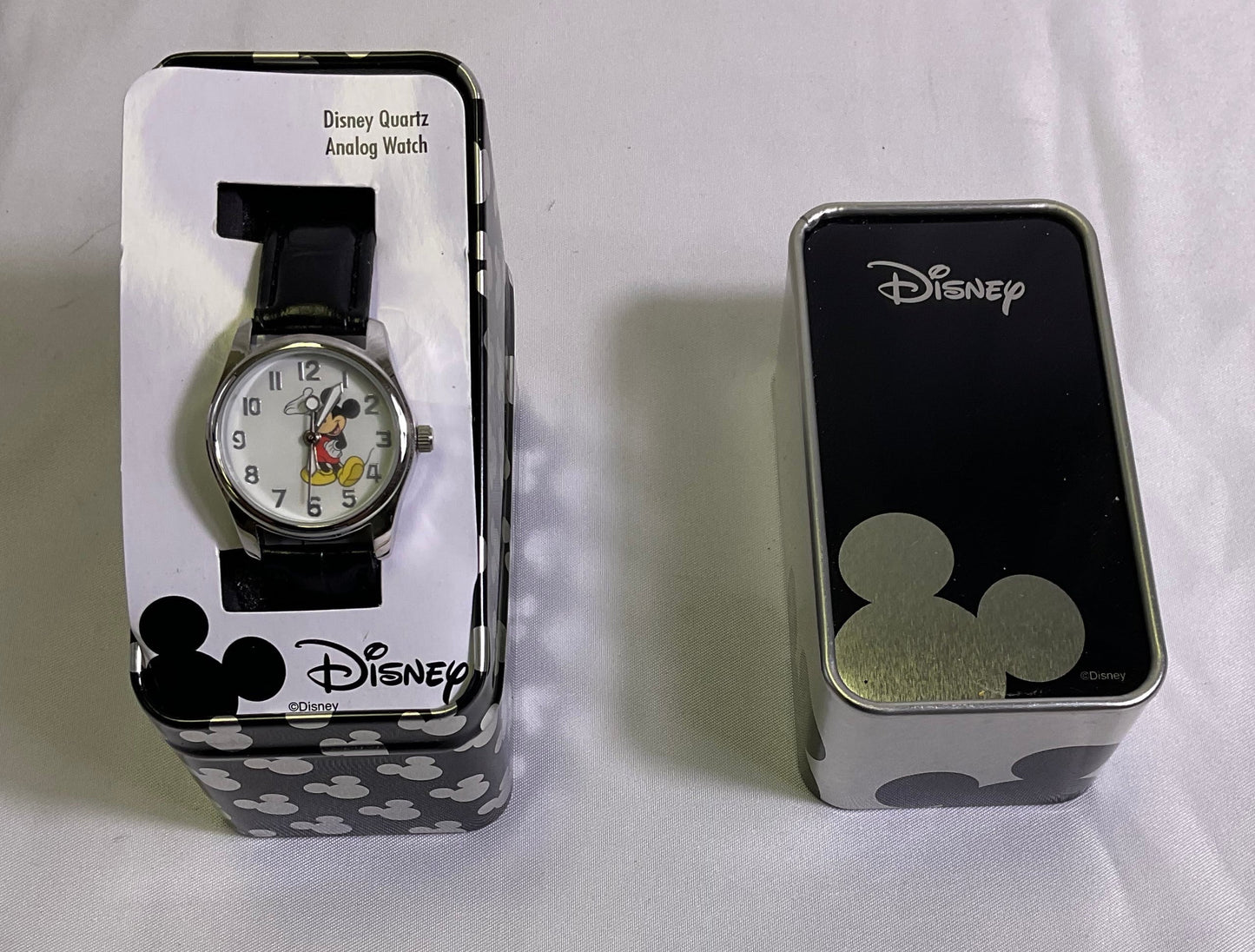 Disney Mickey Mouse Quartz Analog Watch Silvertone Casing Black Band New with Tags in Original Box