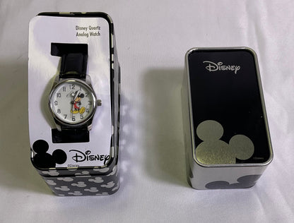 Disney Mickey Mouse Quartz Analog Watch Silvertone Casing Black Band New with Tags in Original Box