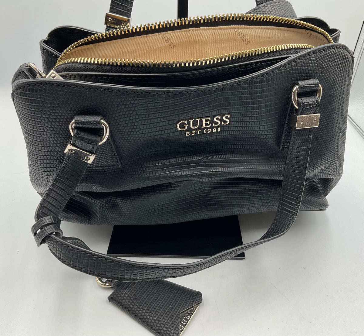 GUESS Lyndi Small Girlfriend Satchel Triple Compartment Lizard Embossed