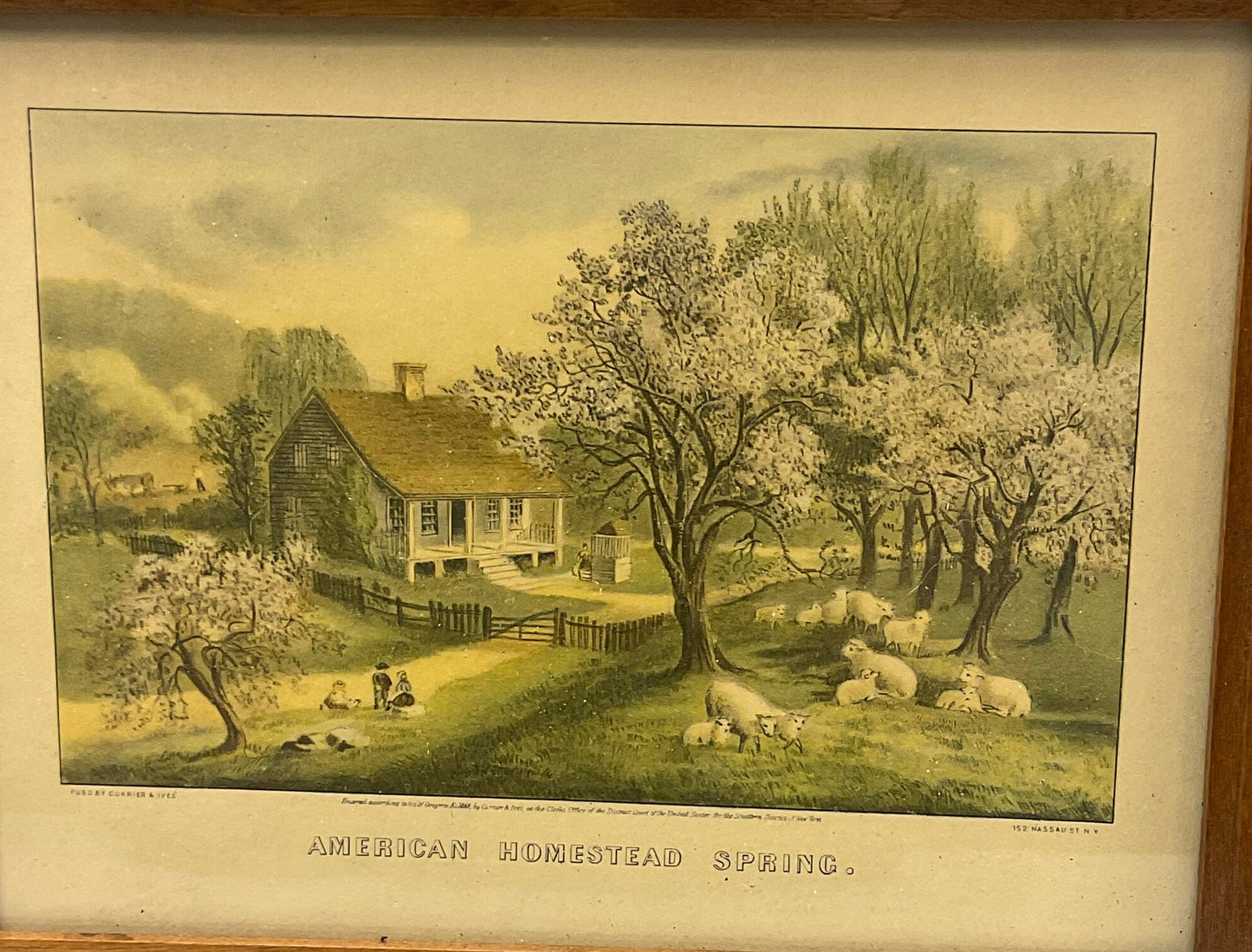 American Homestead Spring Wooden Frame Currier Ives Reproduction 7 7/8"x12 3/8"